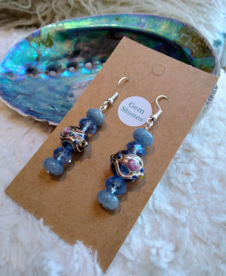 Blue AVENTURINE, hand-made LAMPWORK and Swarovski crystal EARRINGS