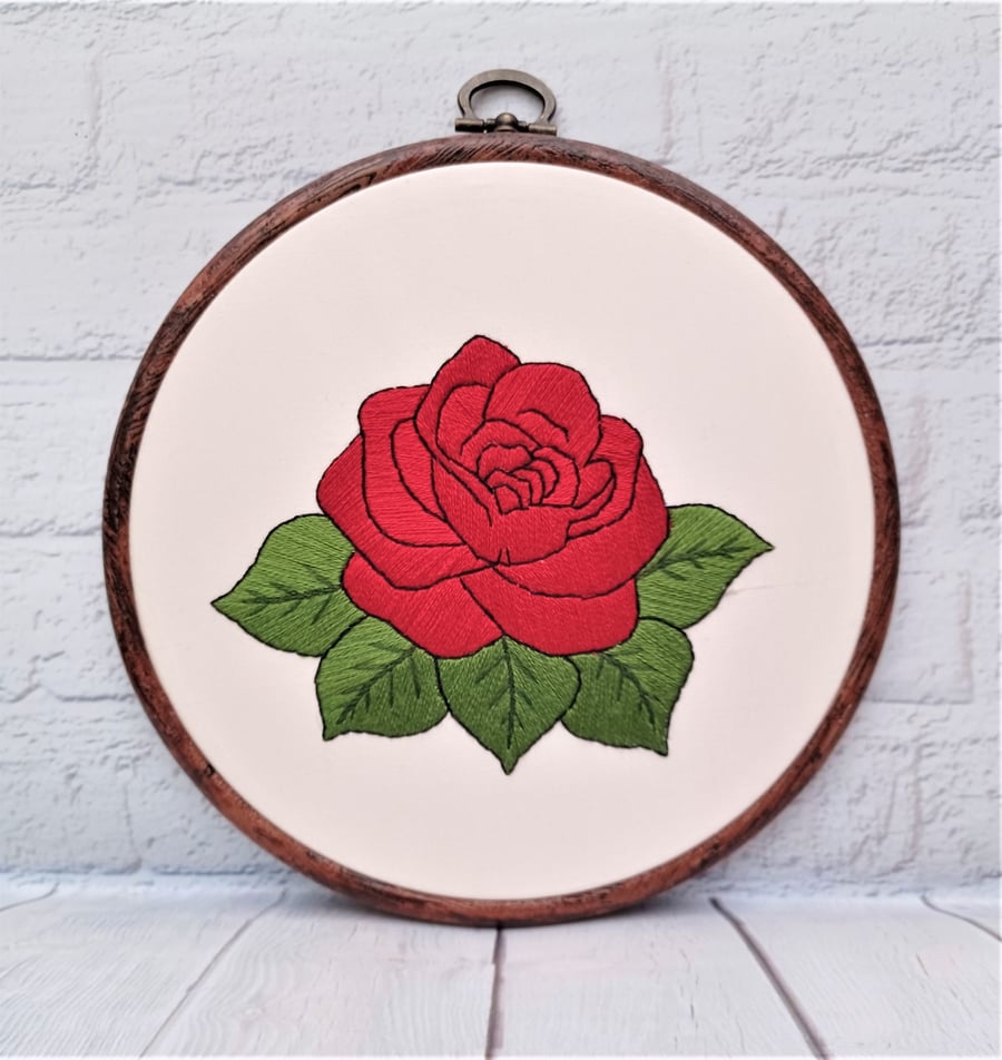 Hand Embroidered Red Rose Silk Hoop Art, Floral Silk Thread Wall Art, Flower Gif
