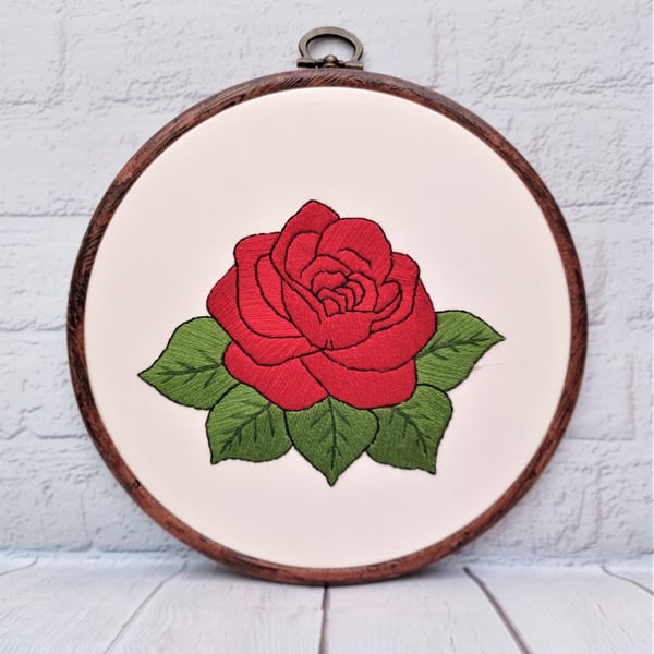 Hand Embroidered Red Rose Silk Hoop Art, Floral Silk Thread Wall Art, Flower Gif