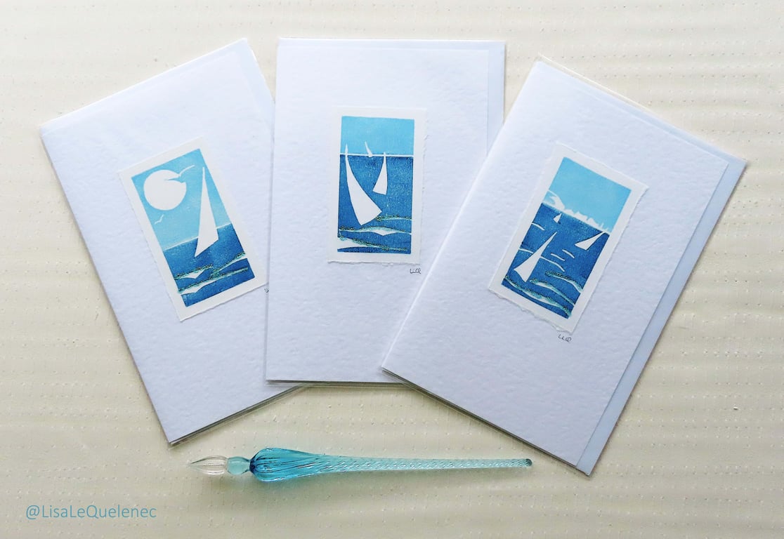 Set of three designs summer sailing handprinted card with glitter embellishments