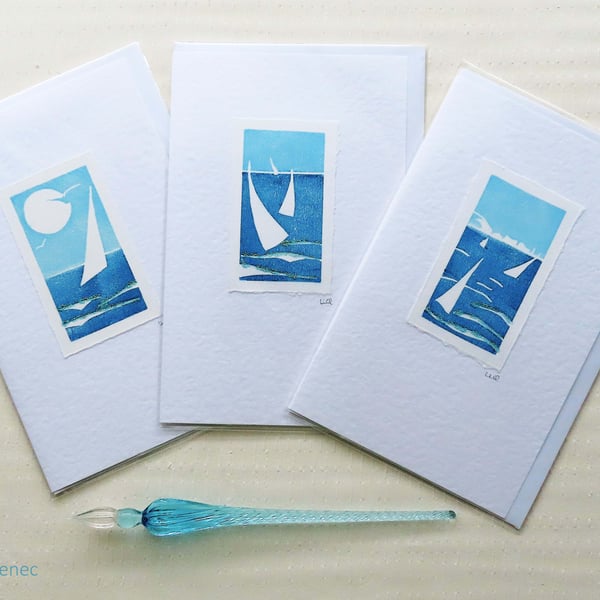 Set of three designs summer sailing handprinted card with glitter embellishments