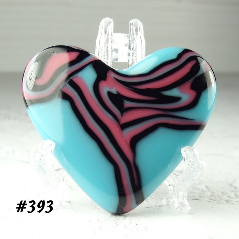 Blue pink black fused glass heart with acrylic stand, 5x4.5cm (393)