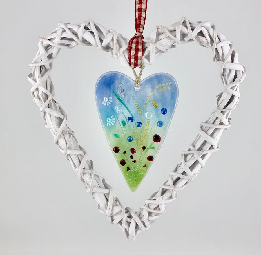 Fused Glass Wild Flowers with White Wicker Hanging Heart on Gingham Ribbon