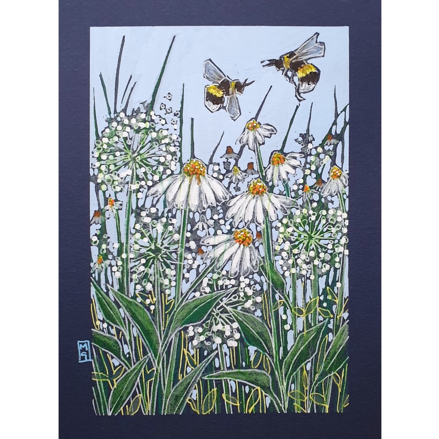 Bees and white flowers wall art, small bee artwork, insect wall decor