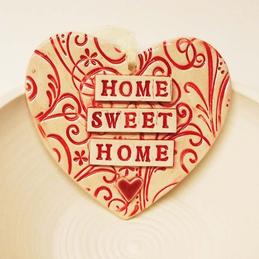 Red ceramic heart decoration Home Sweet Home Pottery