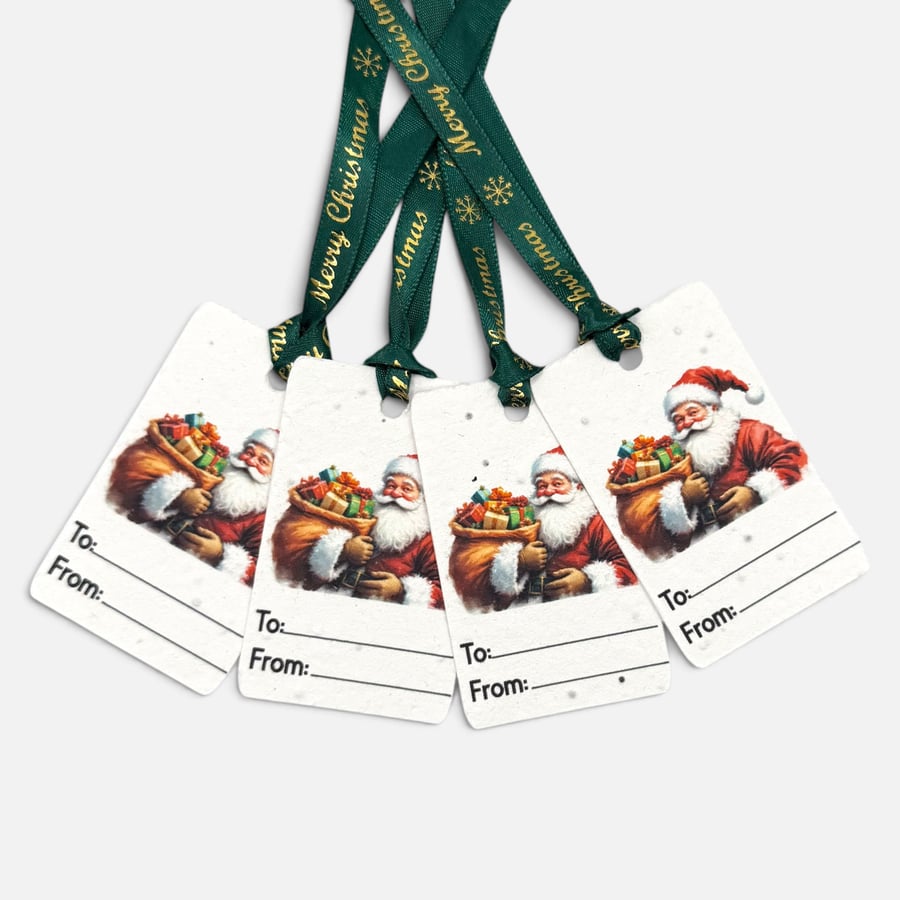 Set of 4 Plantable Christmas Gift Tags, Wildflower Seed Paper Festive Santa Tags