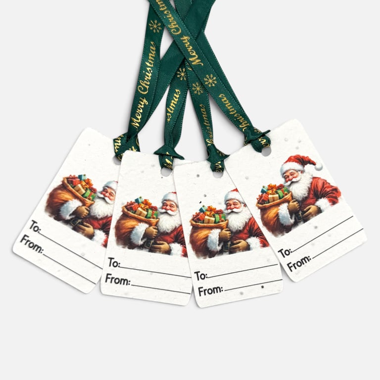 Set of 4 Plantable Christmas Gift Tags, Wildflower Seed Paper Festive Santa Tags
