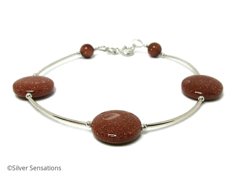 Sparkly Tan Brown Sandstone Coin Beads & Sterling Silver Bracelet