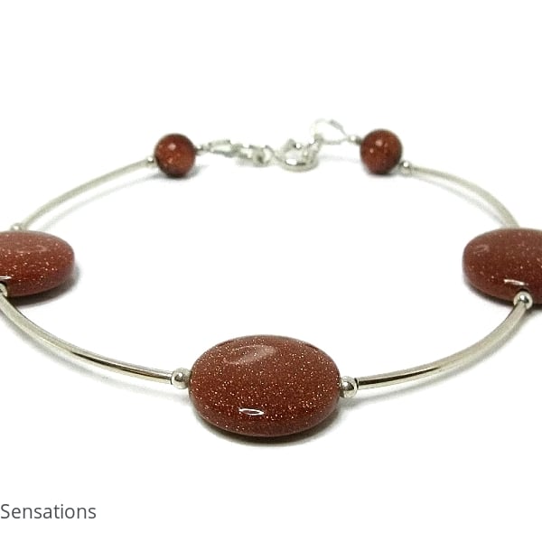 Sparkly Tan Brown Sandstone Coin Beads & Sterling Silver Bracelet