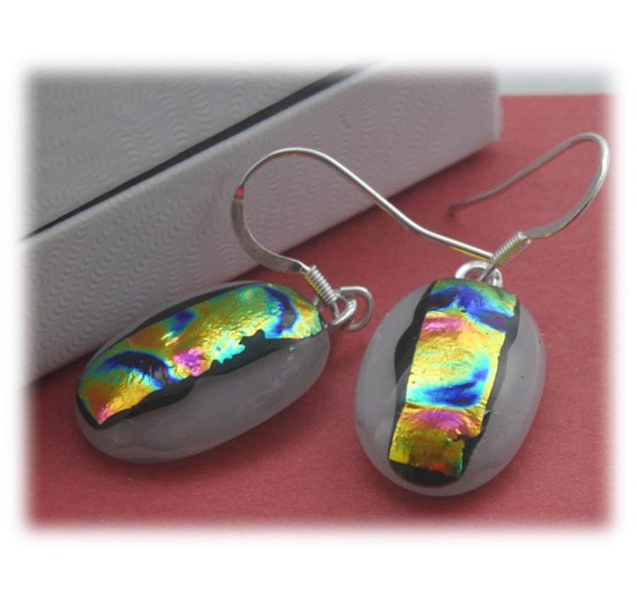 Handmade Fused Dichroic Glass Earrings 191 White Rainbow Streak