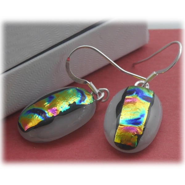 Handmade Fused Dichroic Glass Earrings 191 White Rainbow Streak