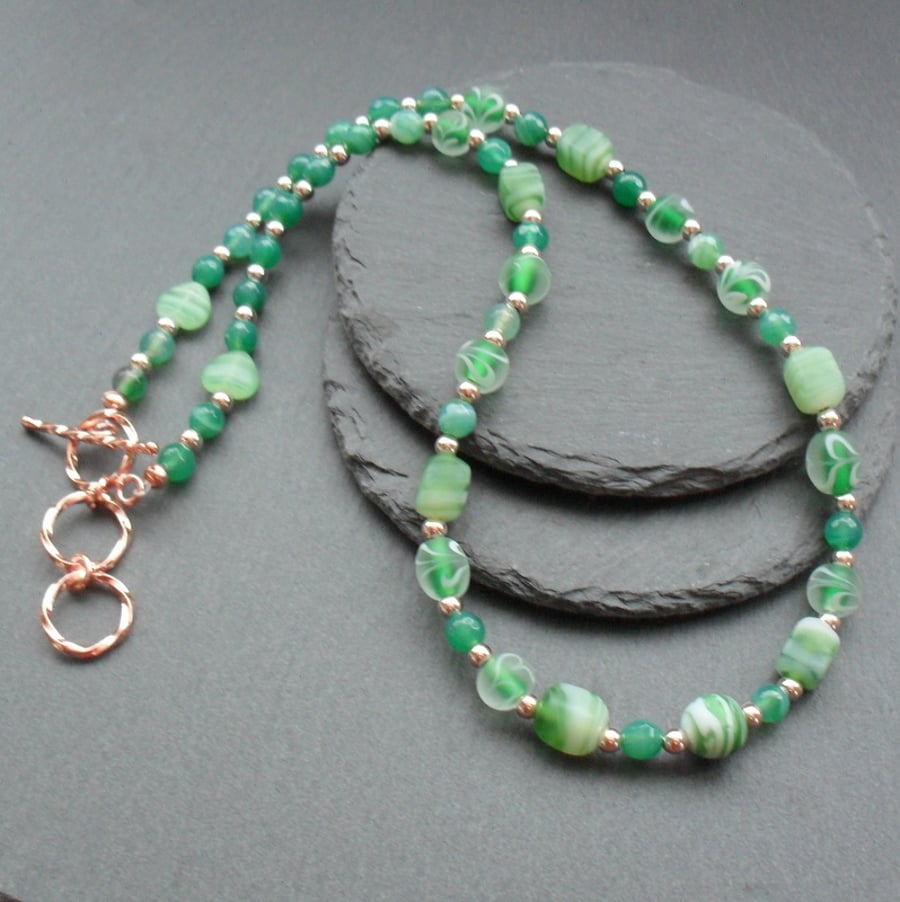 Shades Of Green Agate and Glass Beaded Necklace