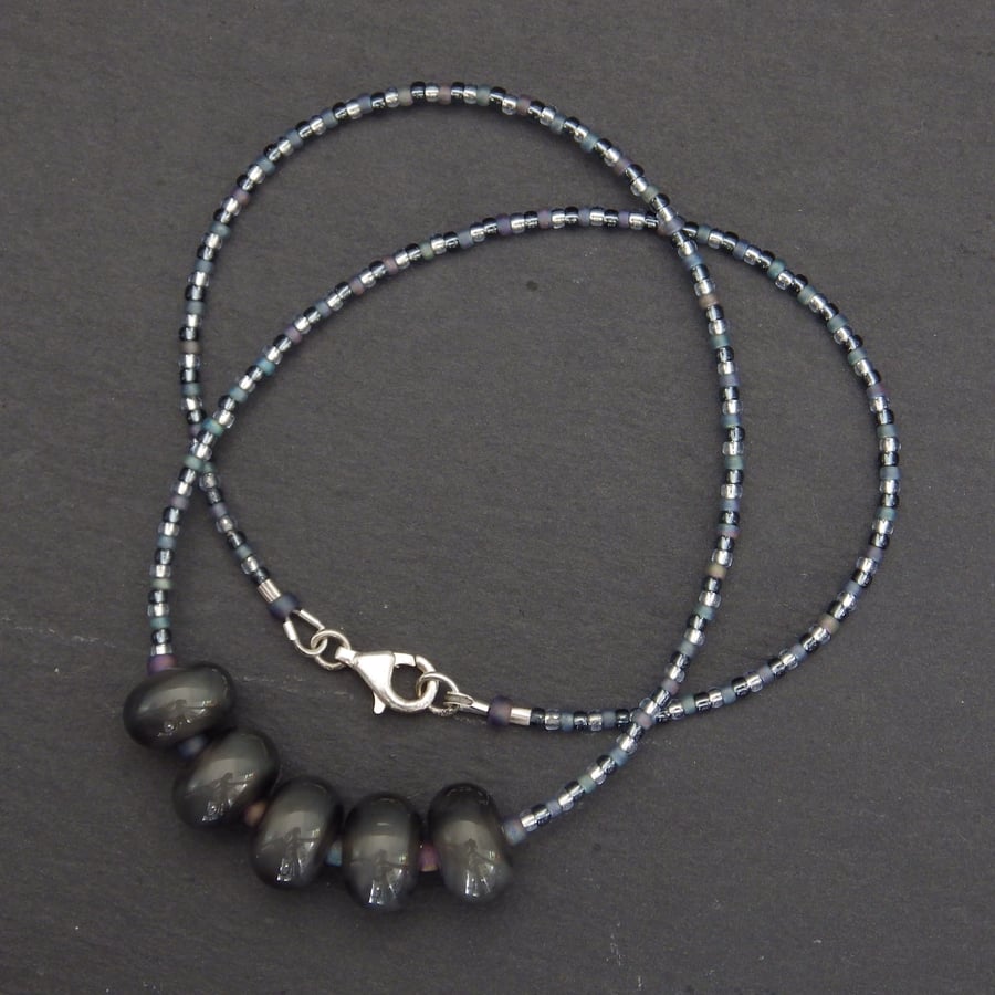 Silver grey handmade lampwork glass bead necklace