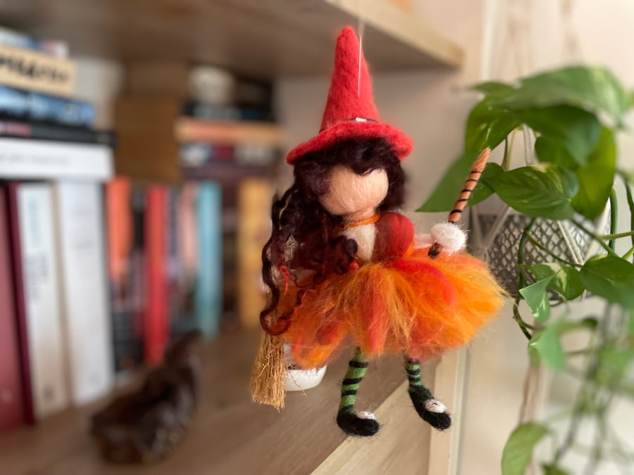 Felted Autumn Harvest WITCH Fairy Angel with wand and broom Autumn Halloween