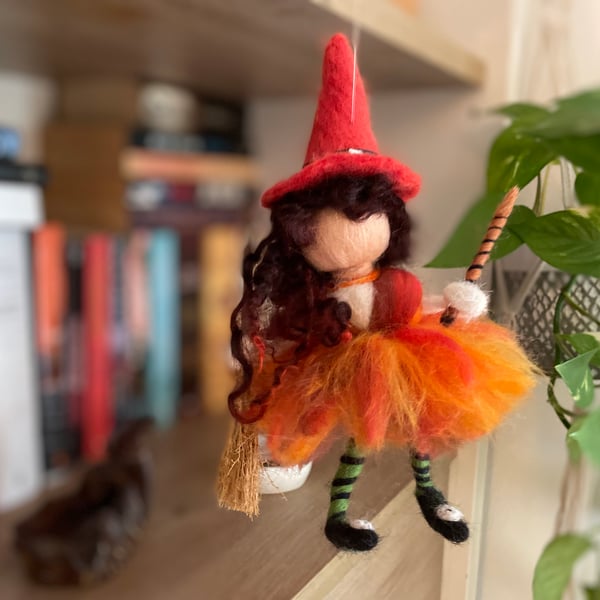 Felted Autumn Harvest WITCH Fairy Angel with wand and broom Autumn Halloween