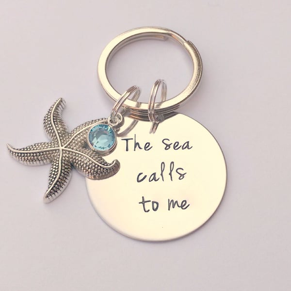 The sea calls me hand stamped starfish keyring - beach ocean holiday keyring