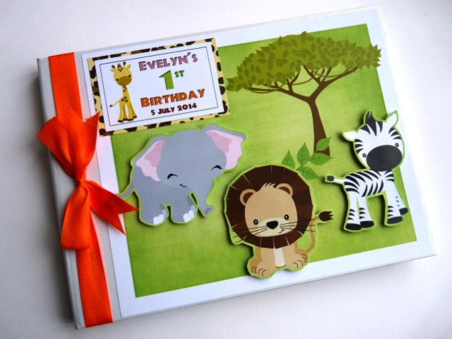 Safar birthday guest book, zebra, elephant, lion, birthday gift