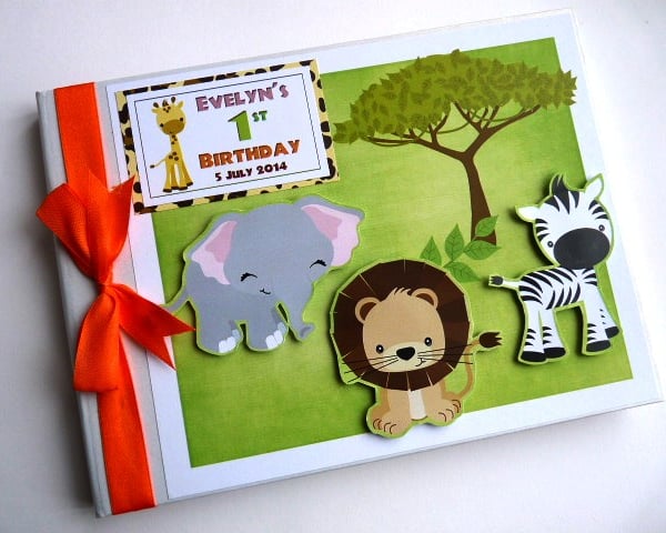 Safar birthday guest book, zebra, elephant, lion, birthday gift