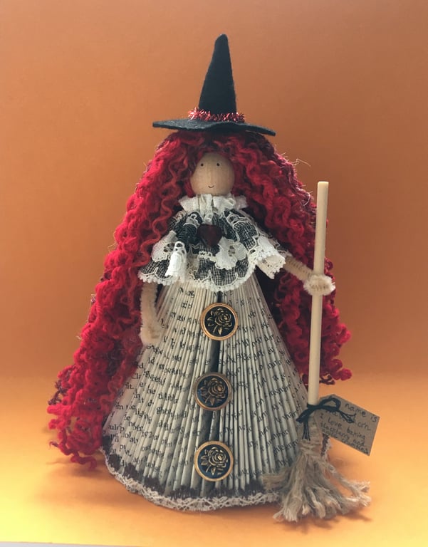 Witch Fairy Doll Decoration - Folded Book Art - Red Hair, Hawthorn, Witch Core 