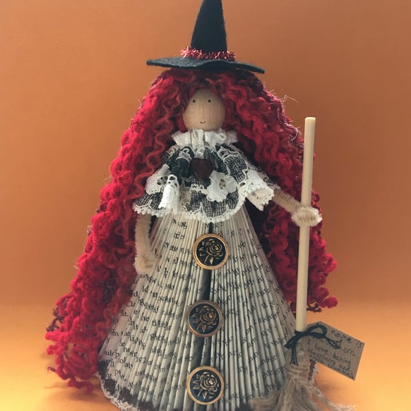 Witch Fairy Doll Decoration - Folded Book Art - Red Hair, Hawthorn, Witch Core 