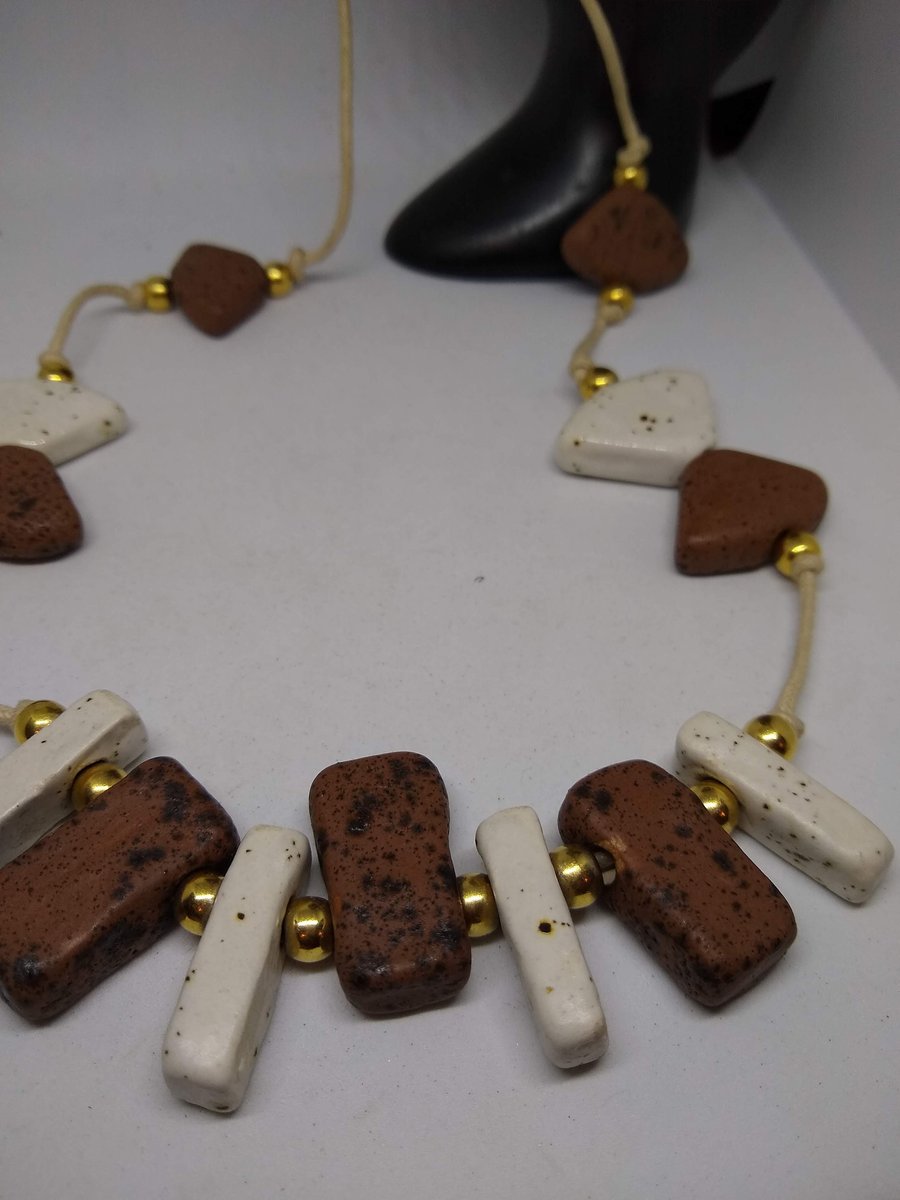 Devon Ceramic Bead Necklace Brown & White Flat Beads- Handmade Natural Colours