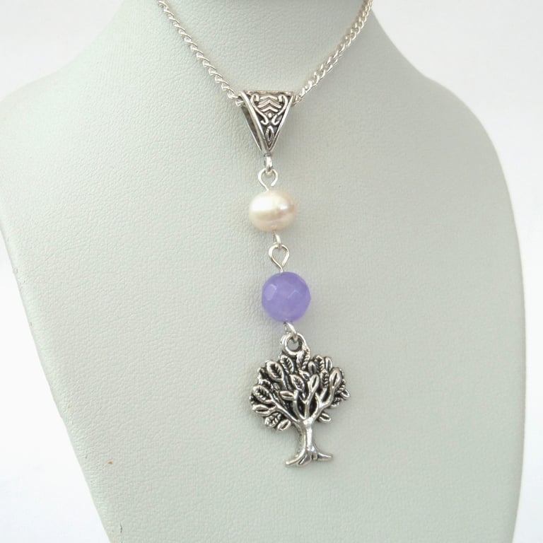 Tree charm necklace with pearl and purple jade