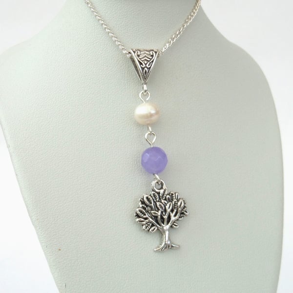 SALE: Tree charm necklace with pearl and purple jade