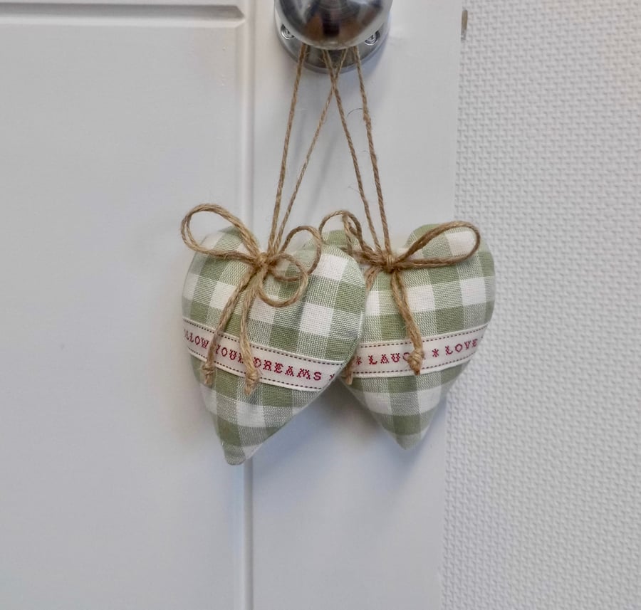 Pair hanging hearts Laura Ashley green check with words