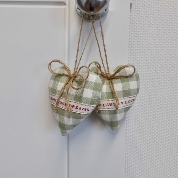 Pair hanging hearts Laura Ashley green check with words