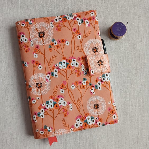 A5 Reusable Fabric Notebook Cover - Dandelion Clocks on Orange with Teal Lining