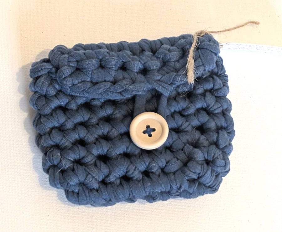 Handmade crochet mini purse made with navy t-shirt yarn - Folksy