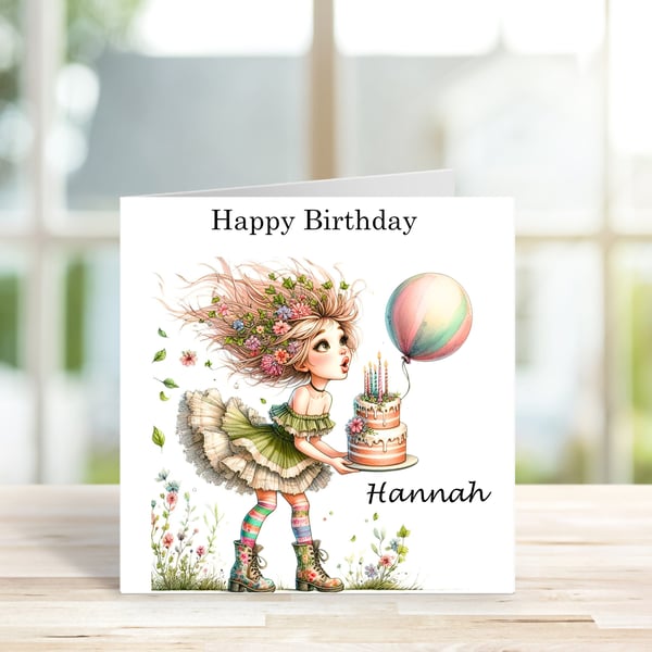 Birthday Cake & Balloon Ladies Personalised Birthday Card