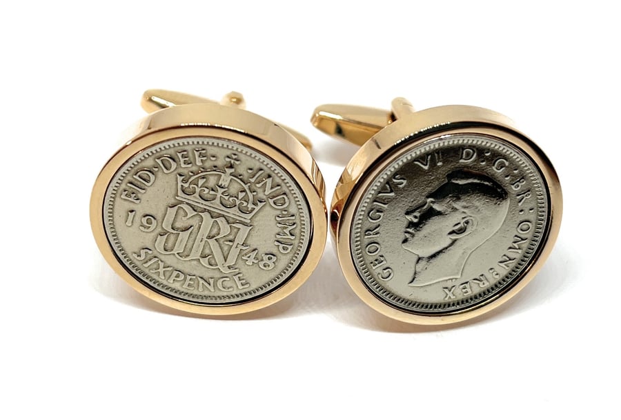 1948 Sixpence Cufflinks 76th birthday. Original sixpence coins Great gift RGld