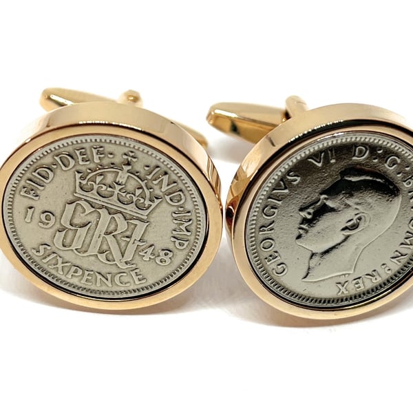1948 Sixpence Cufflinks 77th birthday. Original sixpence coins Great gift RGld