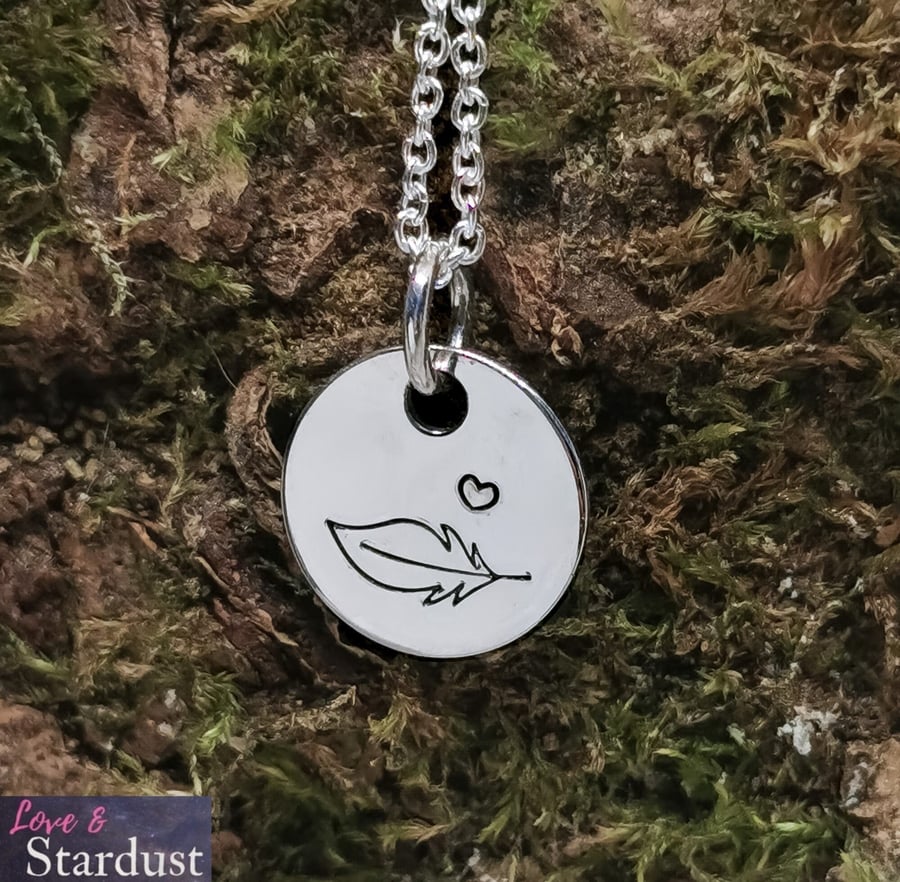 "Feathers appear when Loved Ones are near" Hand Stamped Sterling Silver Necklace