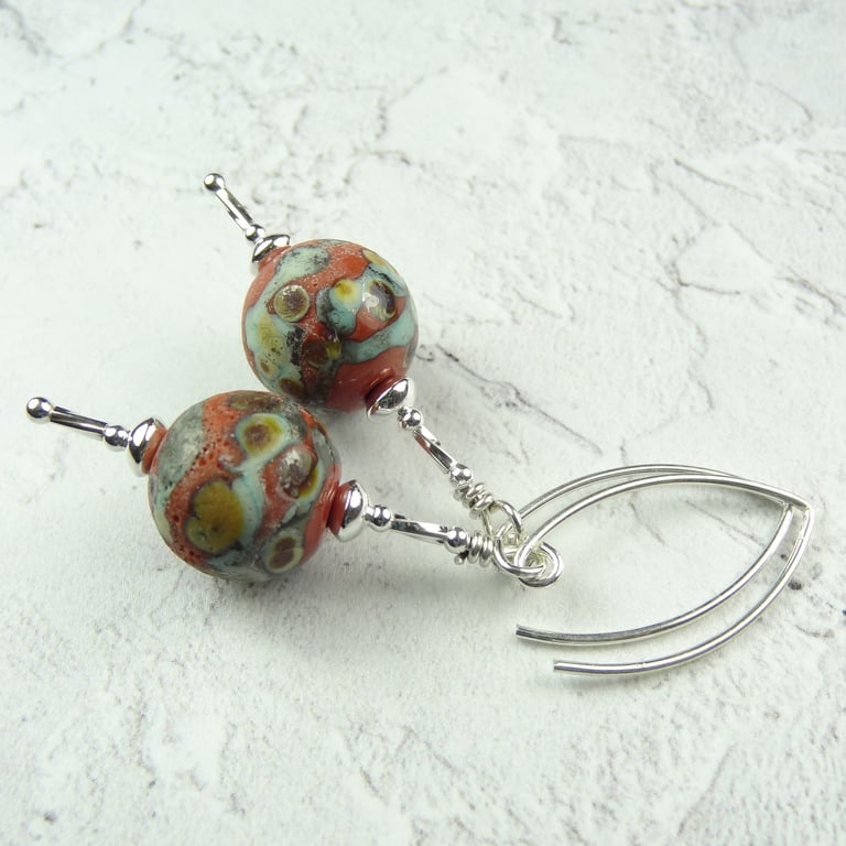 Rustic coral & green lampwork glass earrings, sterling silver