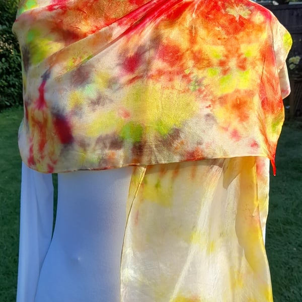 Gorgeous hand dyed Silk scarf in Yellow and Red. Sunburst !