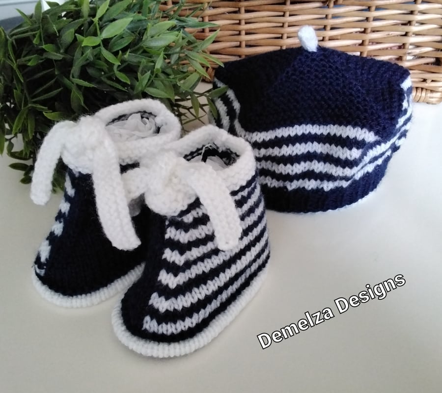 Hand Knitted Baby Boy's French Inspired Beret & Booties Set  0-6 months size