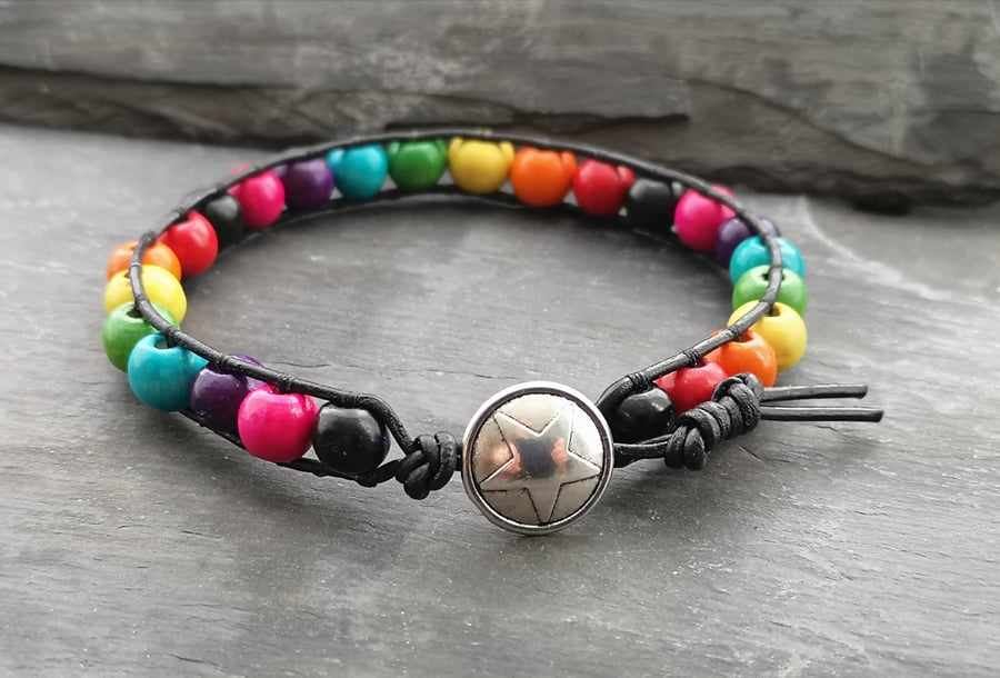 Rainbow wooden beads and black leather bracelet, star button, multicoloured 