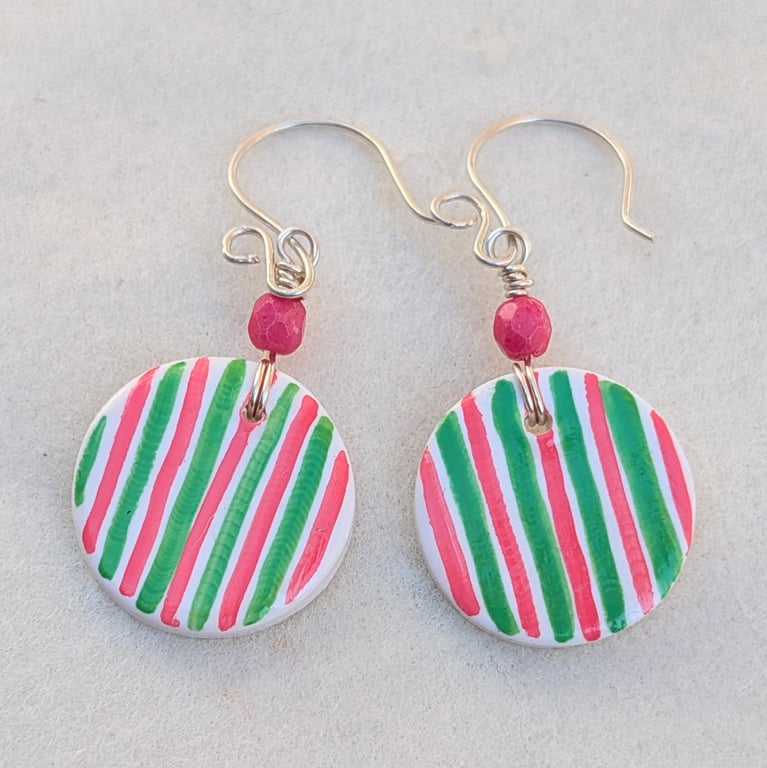 Watermelon stripe pink and green polymer clay and sterling silver earrings 