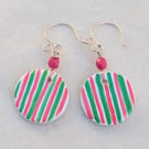 Watermelon stripe pink and green polymer clay and sterling silver earrings 