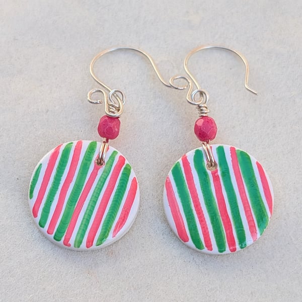 Watermelon stripe pink and green polymer clay and sterling silver earrings 