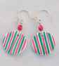 Watermelon stripe pink and green polymer clay and sterling silver earrings 