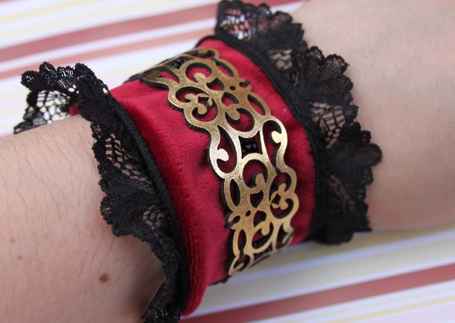 SALE Steampunk Victorian Gothic Cuff Red Velour Gold Bracelet