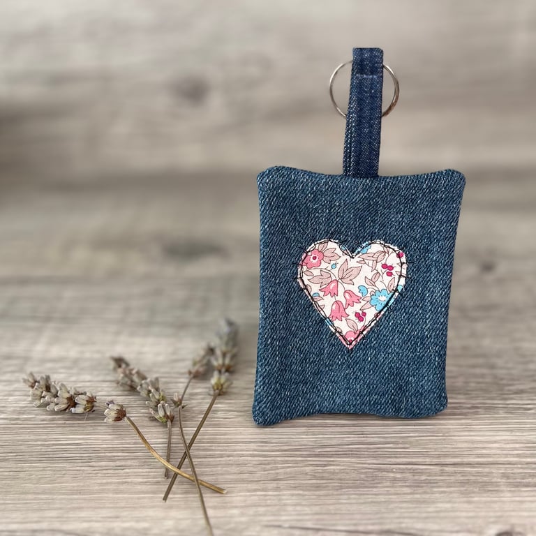 Denim Keyring with Floral Liberty of London Fabric Heart 
