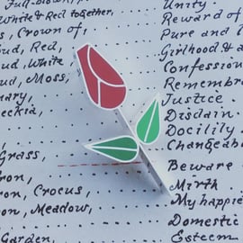 Red rose bud brooch in silver and resin. 