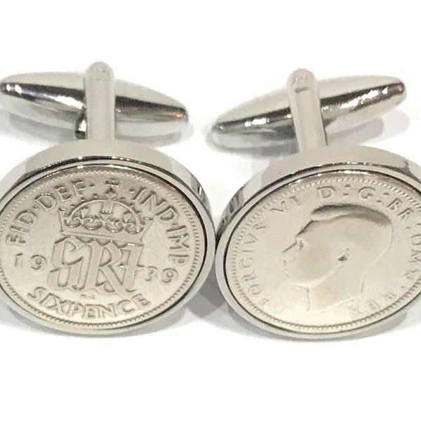1937 Sixpence Cufflinks 87th birthday. Original sixpence coins Great gift 