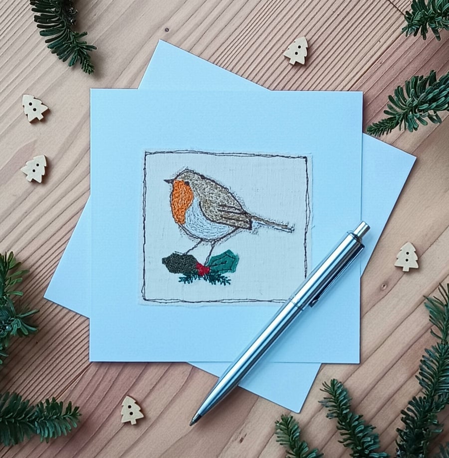 Textile Robin and Holly Christmas Card