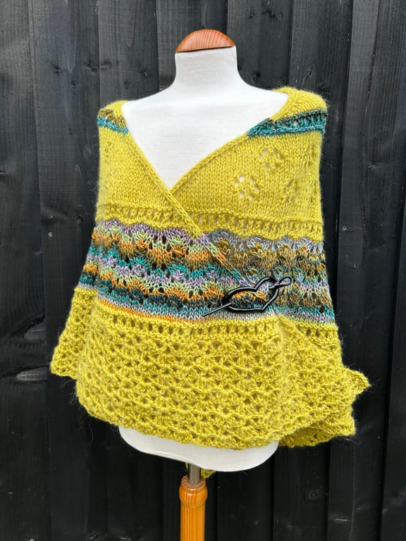 Long grass Grace mohair hand knitted textured lace shawl with crochet edge