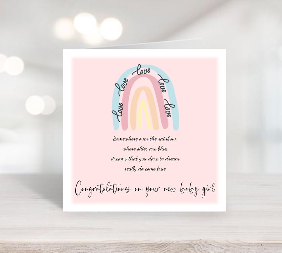 Watercolour Rainbow Personalised New Baby Girl Card